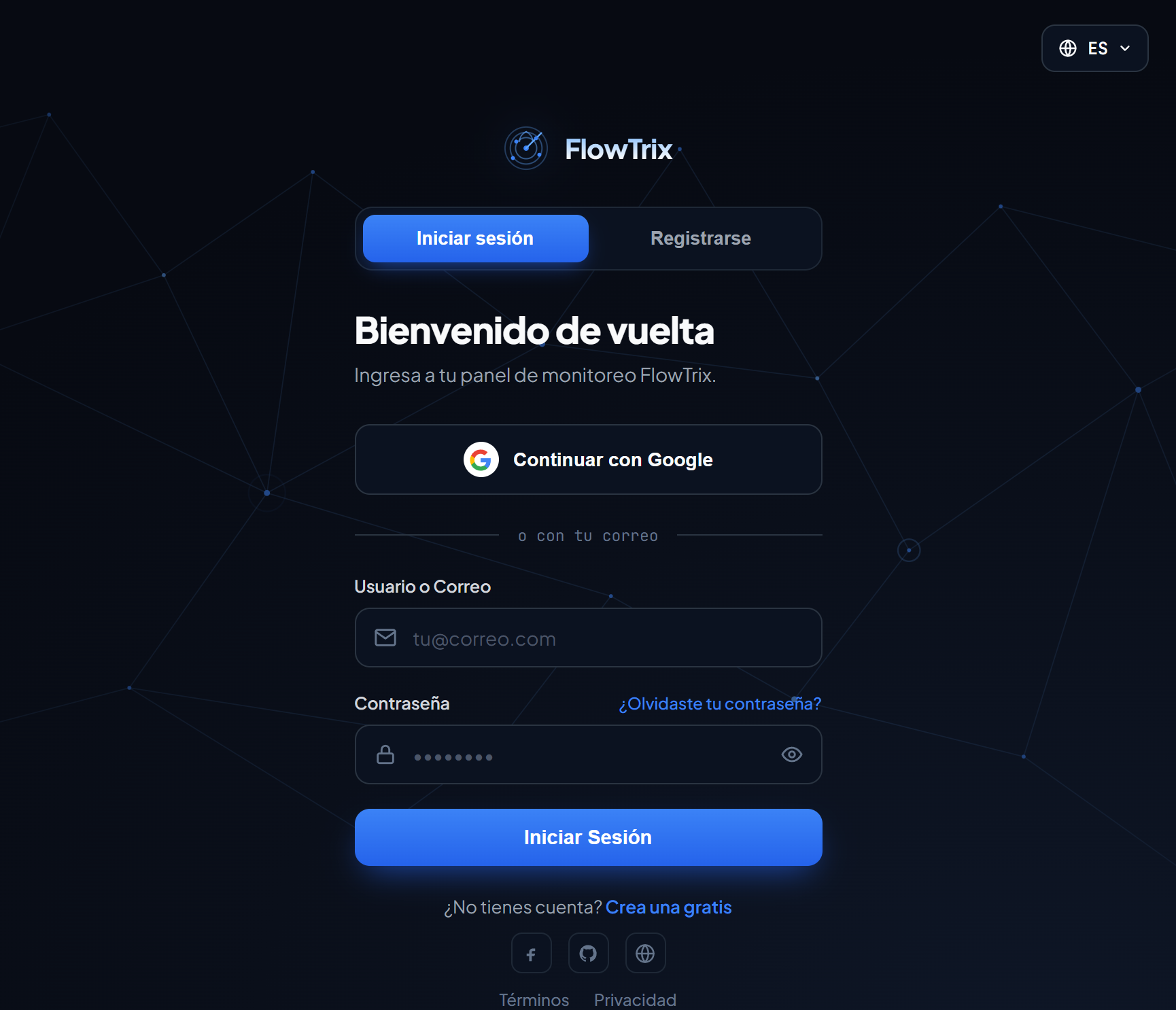 Pantalla de registro de una cuenta en FlowTrix